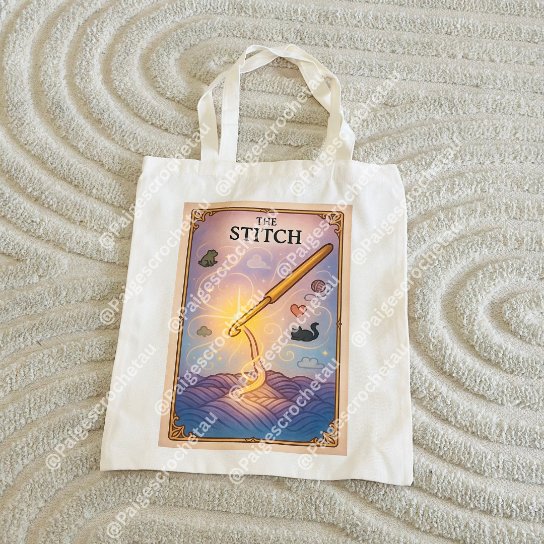 Crochet related tote bag with a Cozy Cloud Yarn Original design.