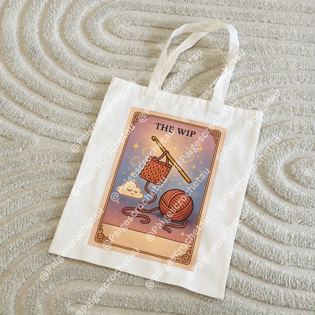 A Cozy Cloud-themed crochet tote bag with a soft pastel cloud illustration, DTF printed for yarn crafters and crochet enthusiasts