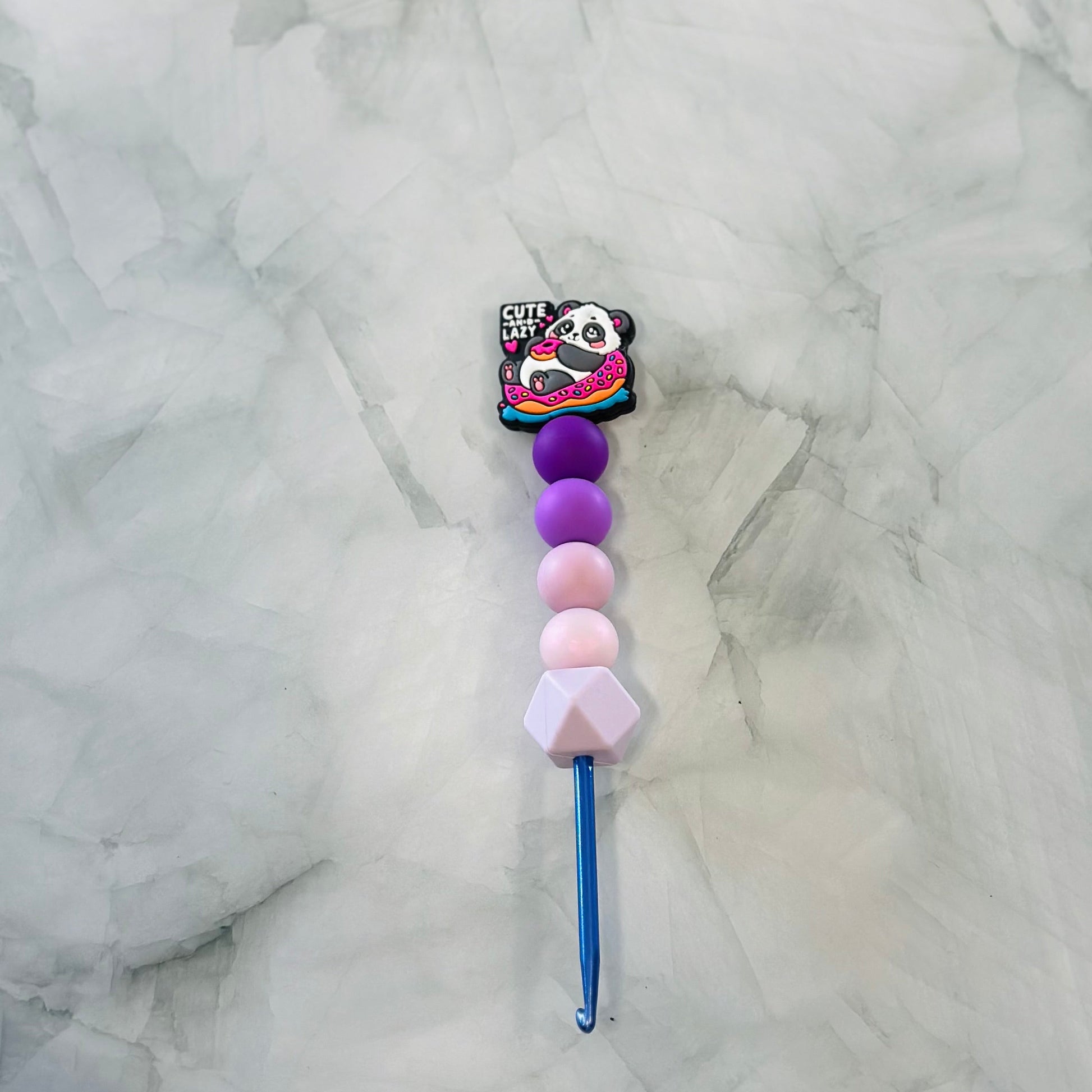 Colorful beaded  crochet hook with a panda design on a marble background, Chenille yarn lush yarn 