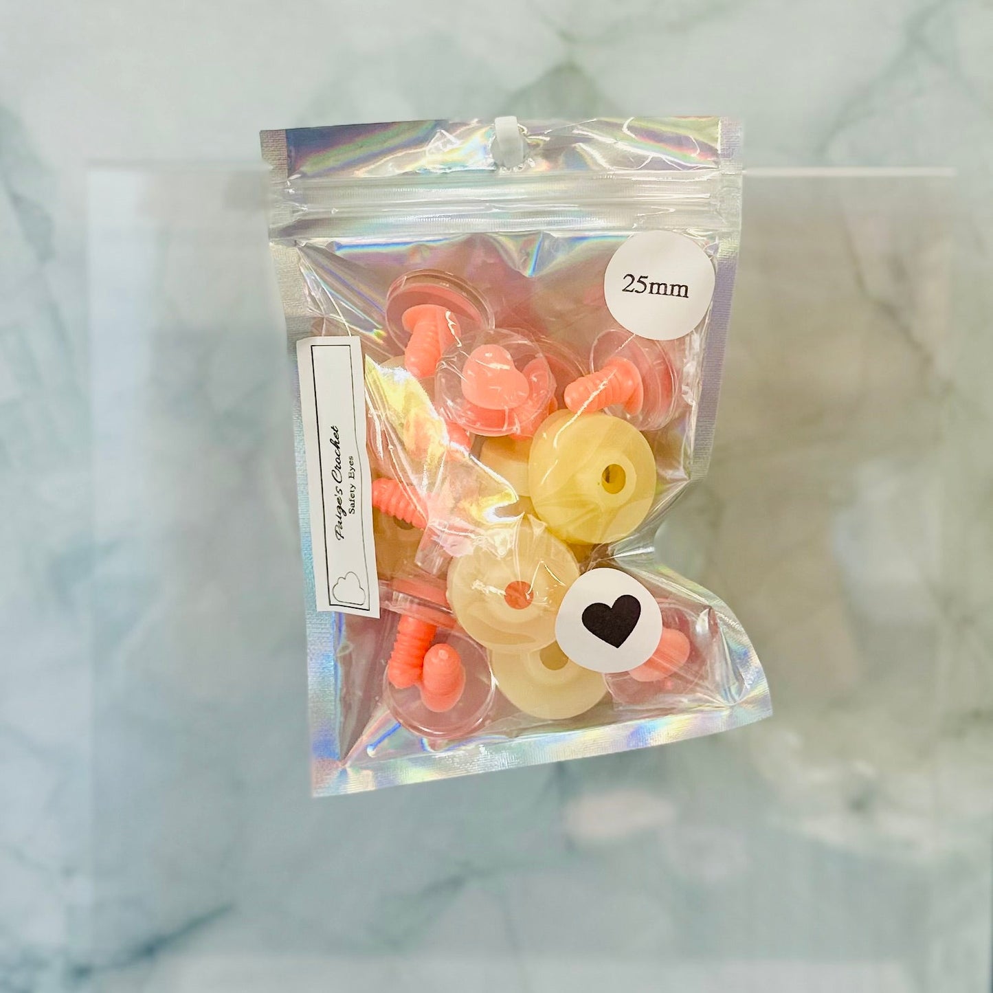 Centre Pink or Black Heart shaped Pupil Sinker Safety eyes 5 pairs 25mm - 5Pk Prism Plates included *NEW Pack size*