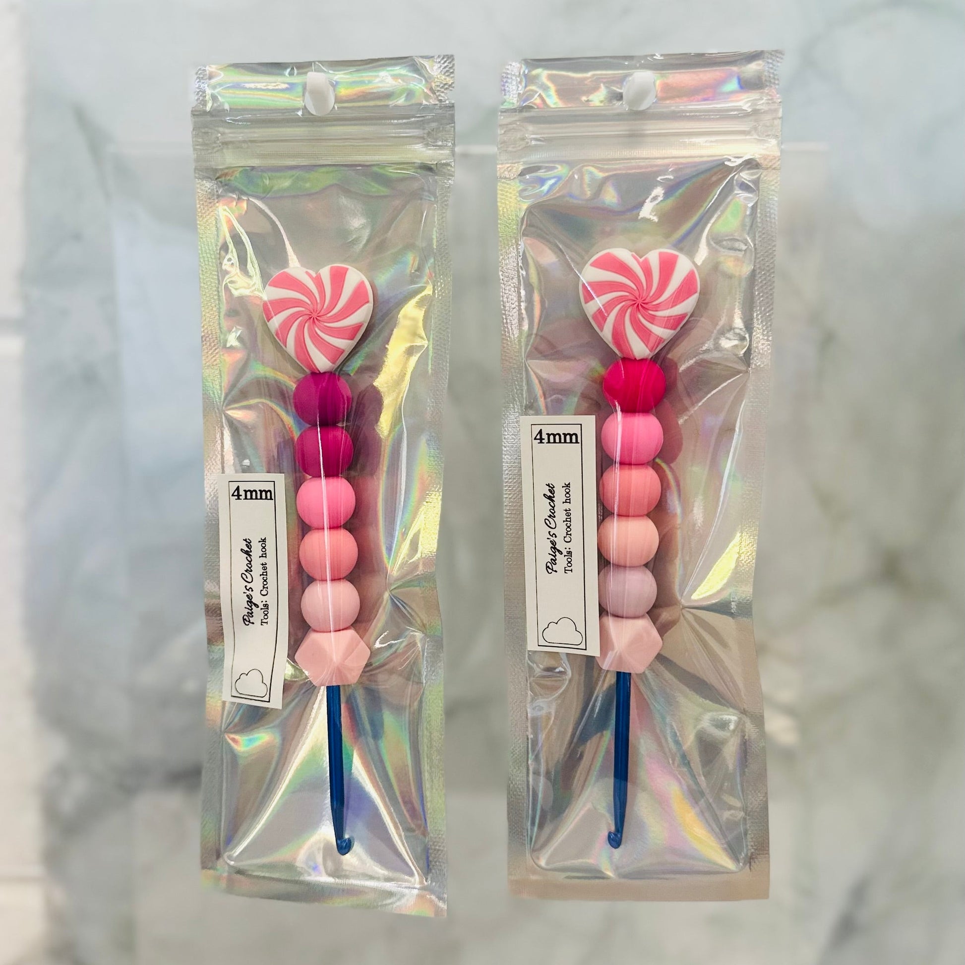 4mm crochet hooks, with colourful silicone beads, with candy heart shapes 