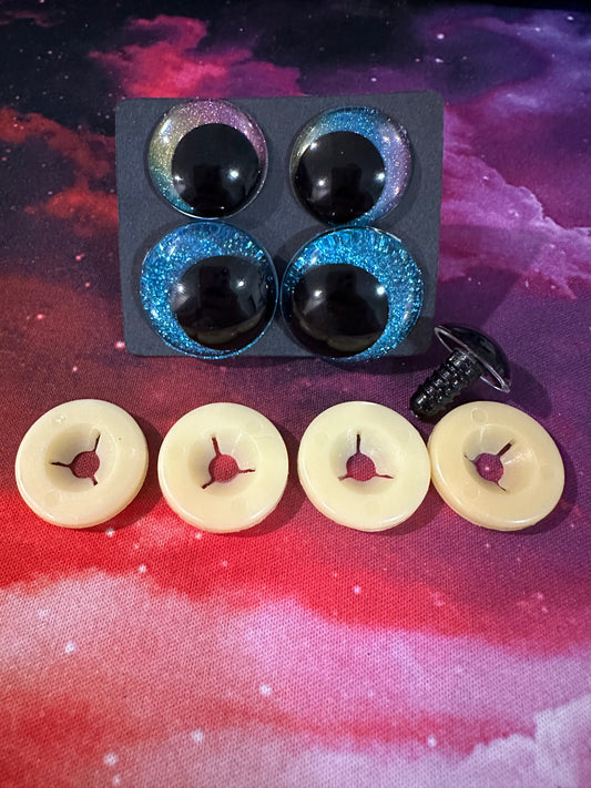 Off Centre pupil Flat back Safety eyes TWO pairs 16-28mm - Glitters - 25 colour options