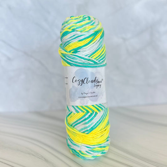 a multicoloured 10 ply acrylic yarn with White Yellow and green variations 